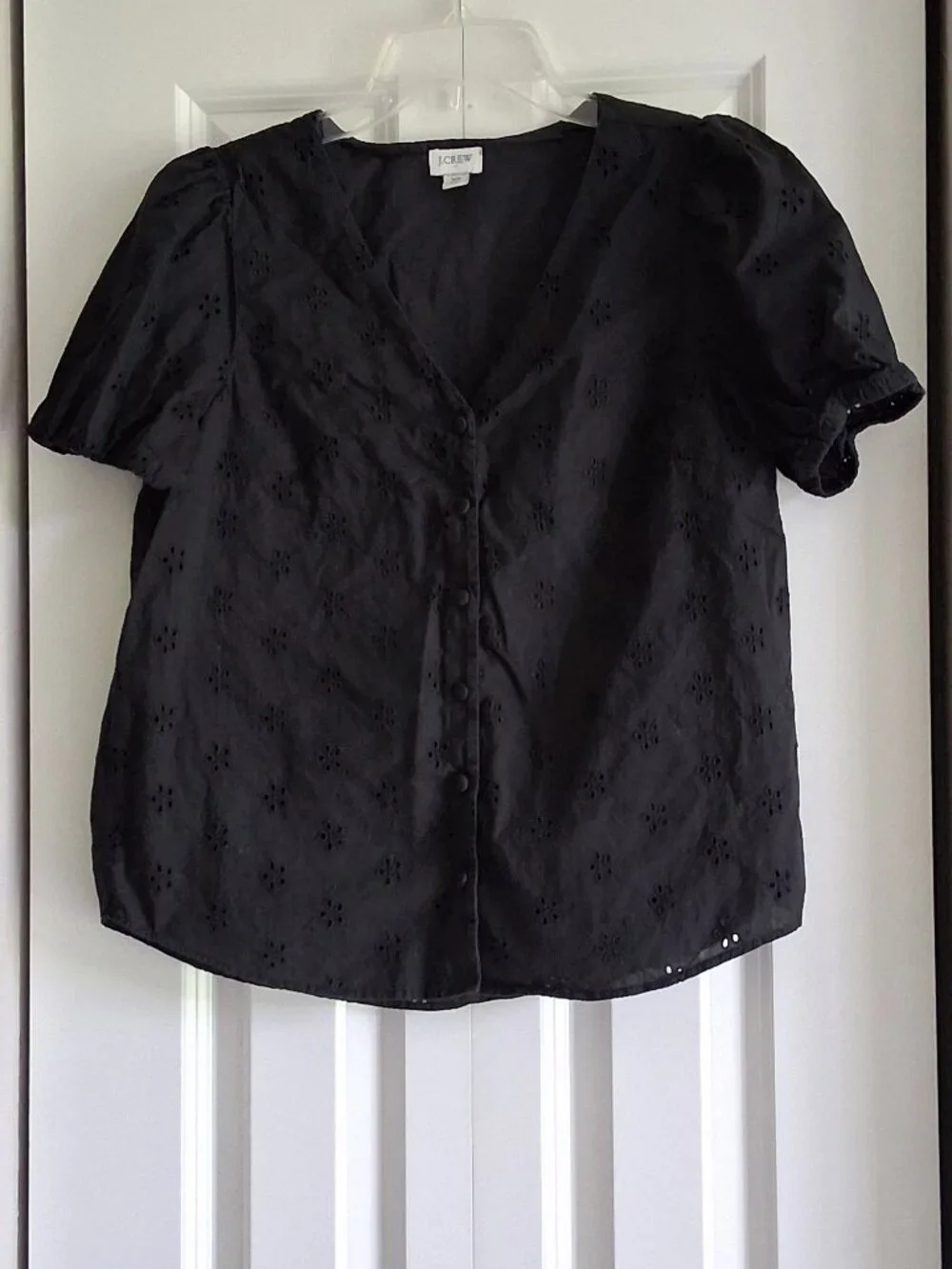 J. Crew Black Eyelet Puff Sleeve Button Down Blouse Women's Size XS